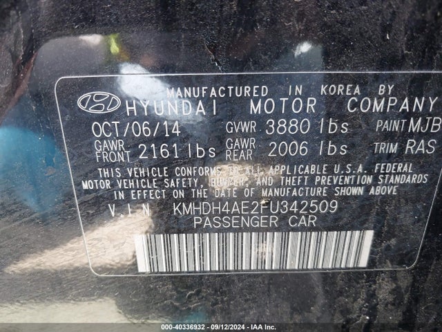 Hyundai ELANTRA SE 2015 KMHDH4AE2FU342509 Image 9