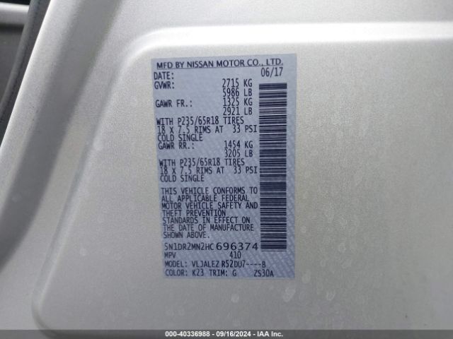 5N1DR2MN2HC696374 Nissan Pathfinder Sv