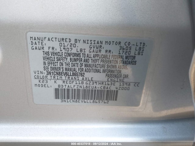 Nissan Versa Sv Xtronic Cvt 2020 3N1CN8EV6LL865762 Image 9