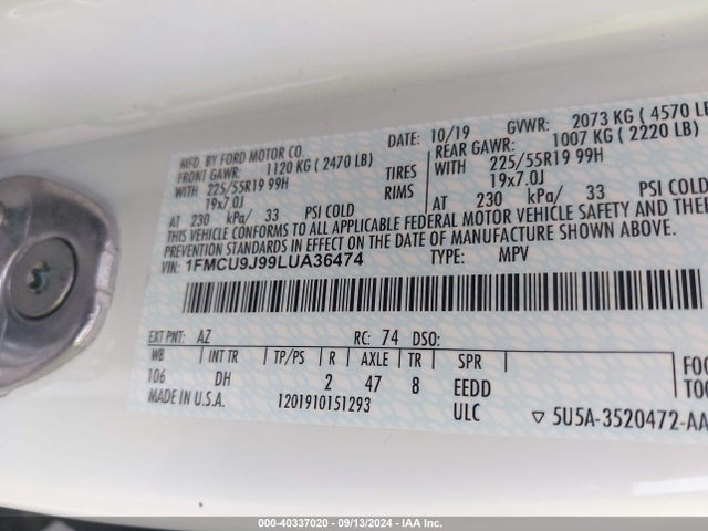 Ford Escape Titanium 2020 1FMCU9J99LUA36474 Image 9