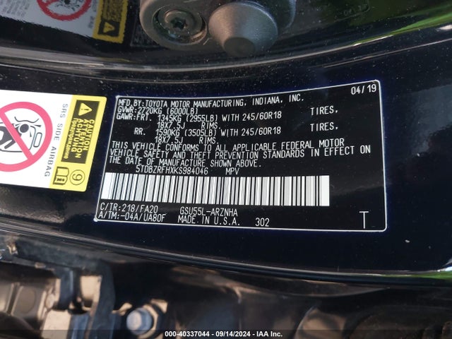 Toyota Highlander Le Plus 2019 5TDBZRFHXKS984046 Image 9