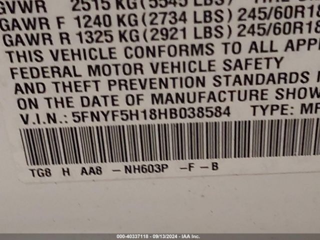5FNYF5H18HB038584 Honda PILOT LX