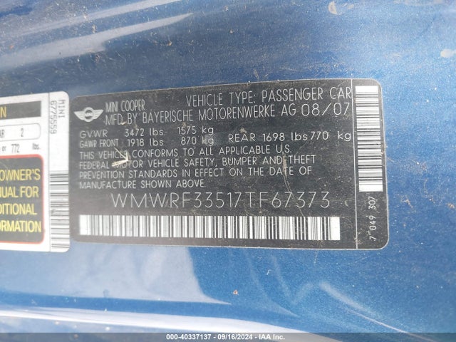 2007 MINI COOPER WMWRF33517TF67373 Photo 8