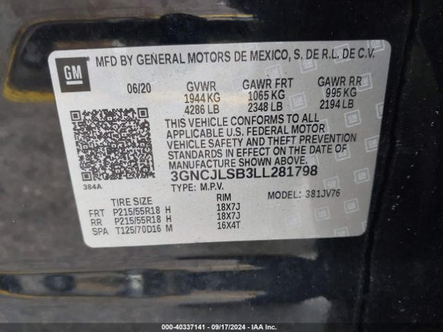 3GNCJLSB3LL281798 Chevrolet Trax Fwd Lt