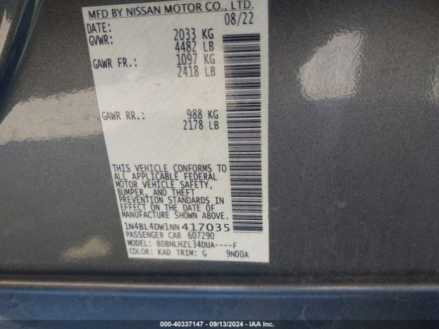 1N4BL4DW1NN417035 Nissan Altima Sv Intelligent Awd