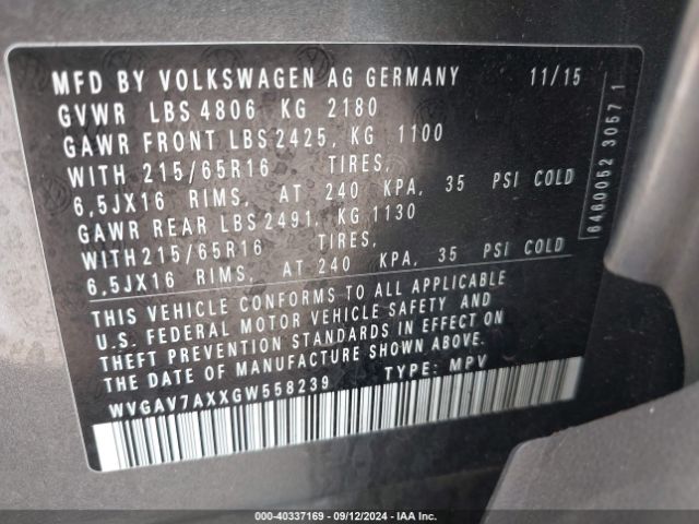 WVGAV7AXXGW558239 Volkswagen TIGUAN S