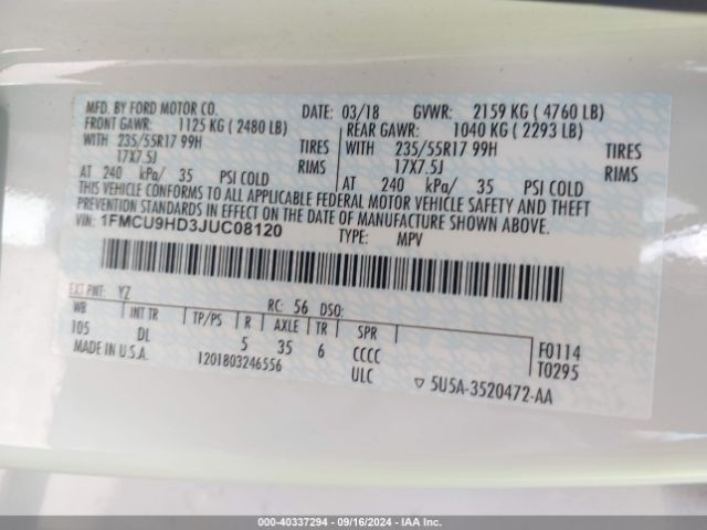 1FMCU9HD3JUC08120 Ford ESCAPE SEL