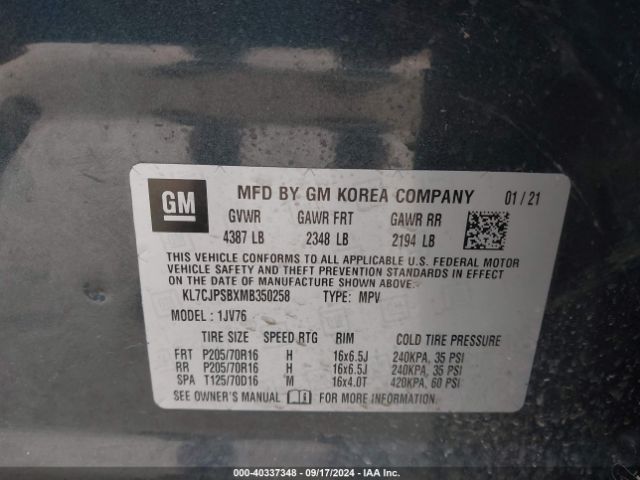 KL7CJPSBXMB350258 Chevrolet Trax Awd Lt
