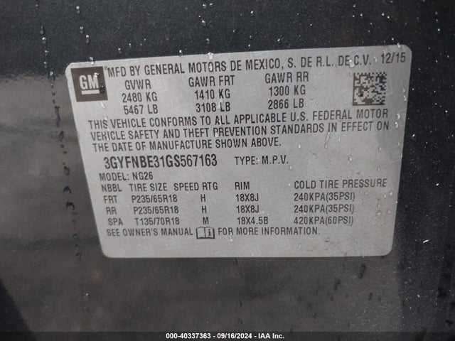 3GYFNBE31GS567163 Cadillac Srx Luxury Collection
