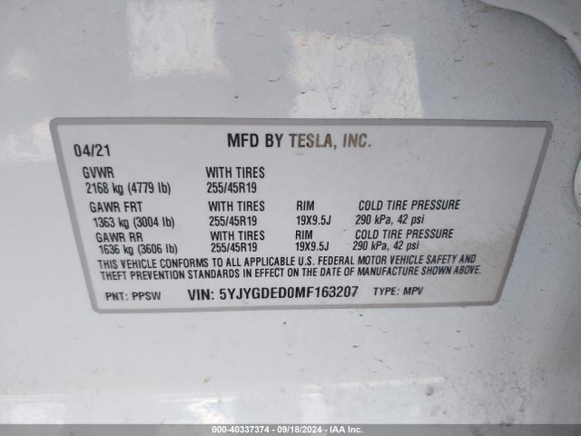 2021 TESLA MODEL Y 5YJYGDED0MF163207 Photo 8