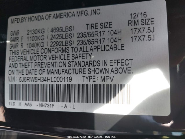 Honda CR-V LX 2017 5J6RW5H34HL000119 Image 9