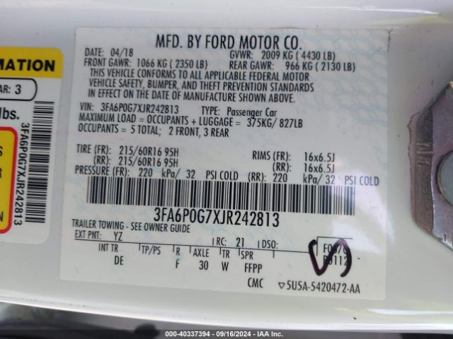 3FA6P0G7XJR242813 Ford FUSION S