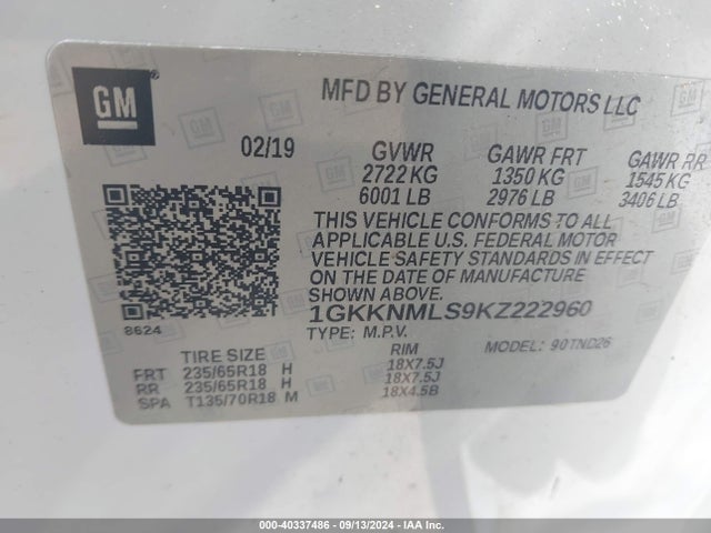 1GKKNMLS9KZ222960 GMC Acadia Slt-1