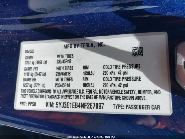 5YJ3E1EB4NF267097 Tesla Model 3 Long Range Dual Motor All-wheel Drive