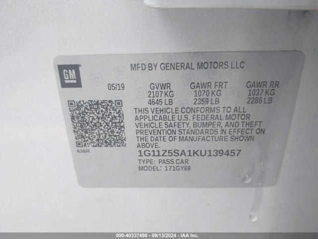 1G11Z5SA1KU139457 Chevrolet IMPALA LT