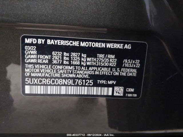 5UXCR6C08N9L76125 BMW X5 Xdrive40i