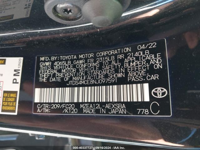 JTDS4MCE8NJ097591 Toyota COROLLA SE