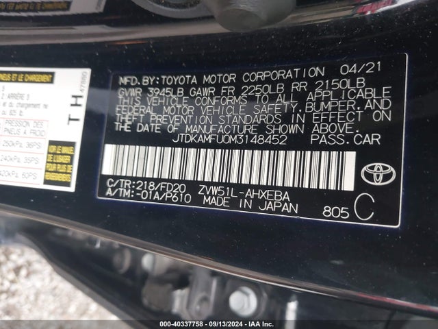 Toyota Prius Le 2021 JTDKAMFU0M3148452 Image 9