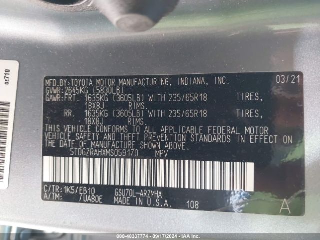 5TDGZRAHXMS059170 Toyota Highlander Xle