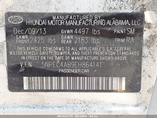Hyundai Sonata Limited 2.0t 2014 5NPEC4AB9EH864141 Image 9