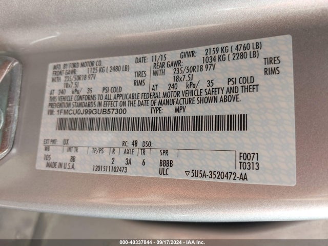 Ford Escape Titanium 2016 1FMCU0J99GUB57300 Image 9