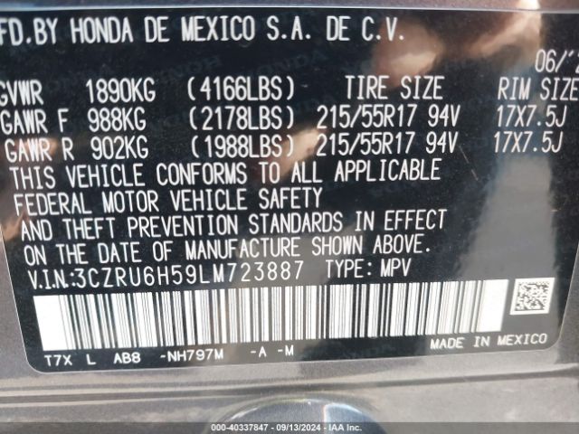 3CZRU6H59LM723887 Honda Hr-v Awd Ex