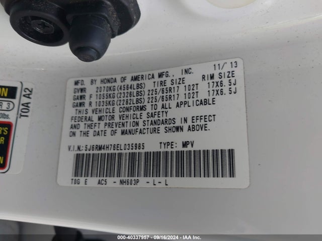 Honda Cr-v Ex-l 2014 5J6RM4H76EL035985 Image 9