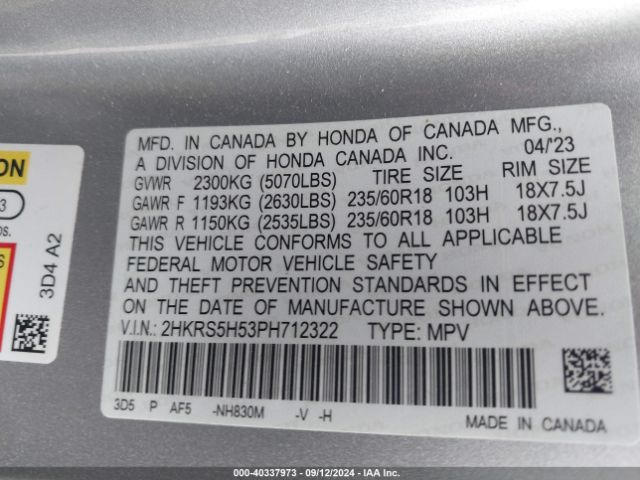 2HKRS5H53PH712322 Honda Cr-v Hybrid Sport