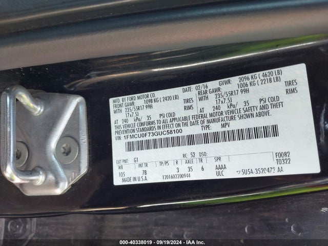 Ford ESCAPE S 2016 1FMCU0F73GUC58100 Image 9