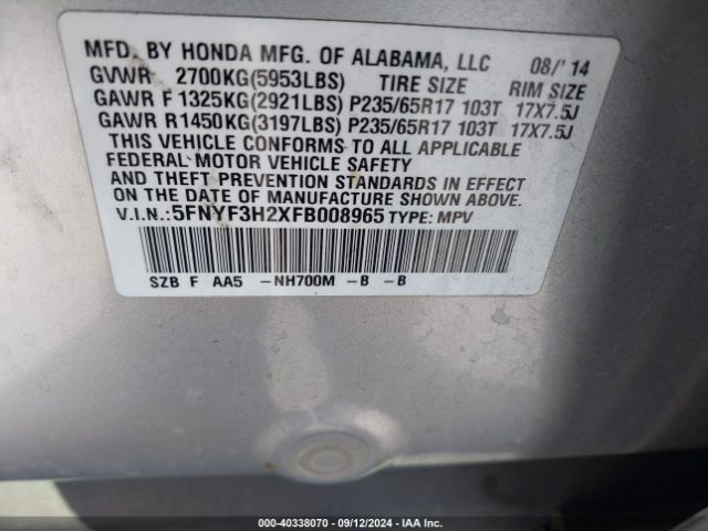 5FNYF3H2XFB008965 Honda PILOT LX