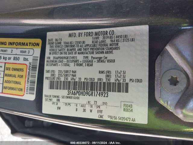 Ford FUSION SE 2016 3FA6P0HD9GR174923 Image 9