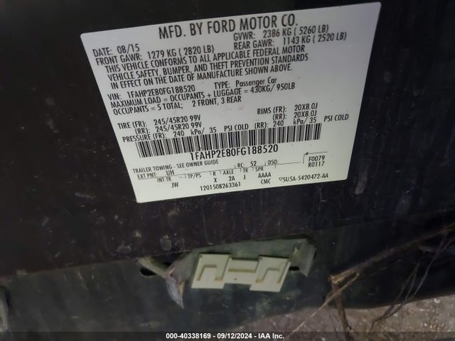 Ford TAURUS SEL 2015 1FAHP2E80FG188520 Image 9
