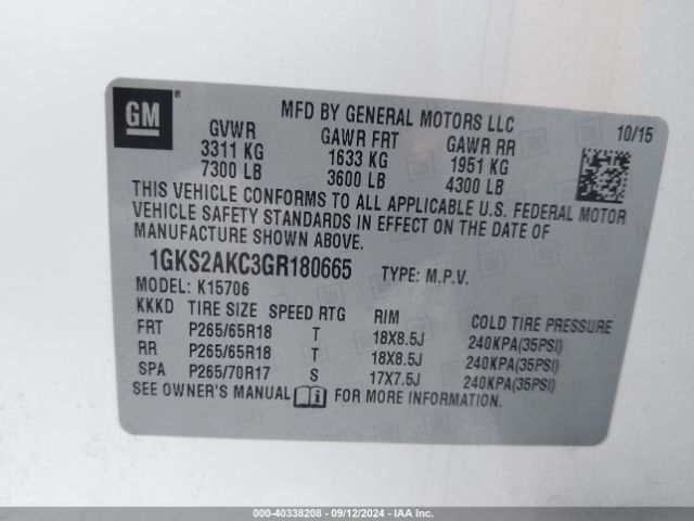 1GKS2AKC3GR180665 GMC YUKON SLE