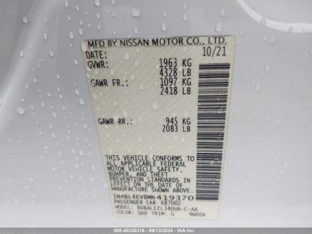 1N4BL4EV8MN419370 Nissan Altima Sl Fwd
