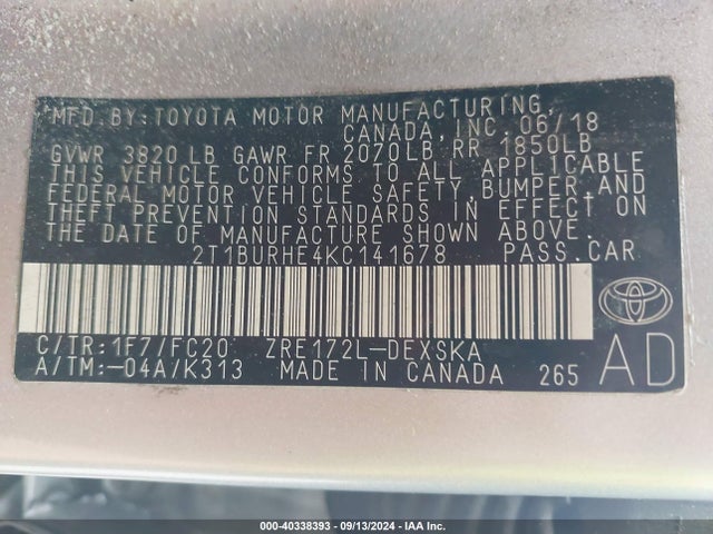 Toyota COROLLA SE 2019 2T1BURHE4KC141678 Image 9