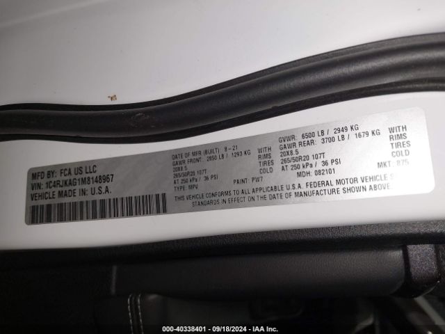 1C4RJKAG1M8148967 Jeep Grand Cherokee L Altitude 4x4