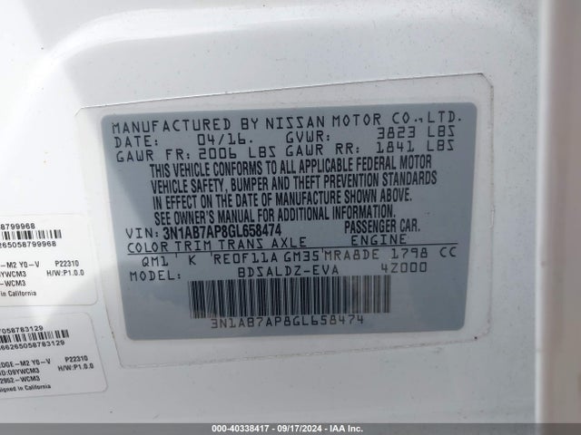 Nissan SENTRA SV 2016 3N1AB7AP8GL658474 Image 9
