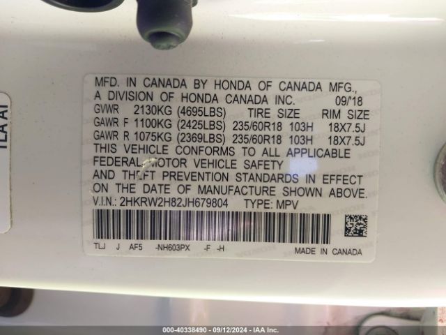 2HKRW2H82JH679804 Honda Cr-v Ex-l/ex-l Navi