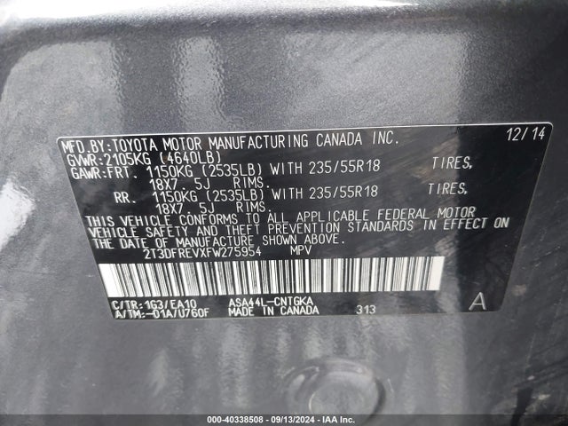 Toyota Rav4 Limited 2015 2T3DFREVXFW275954 Image 9