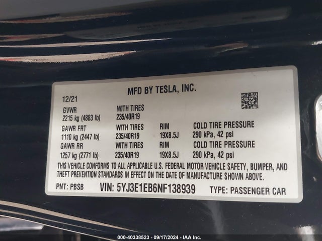 2022 TESLA MODEL 3 5YJ3E1EB6NF138939 Photo 8