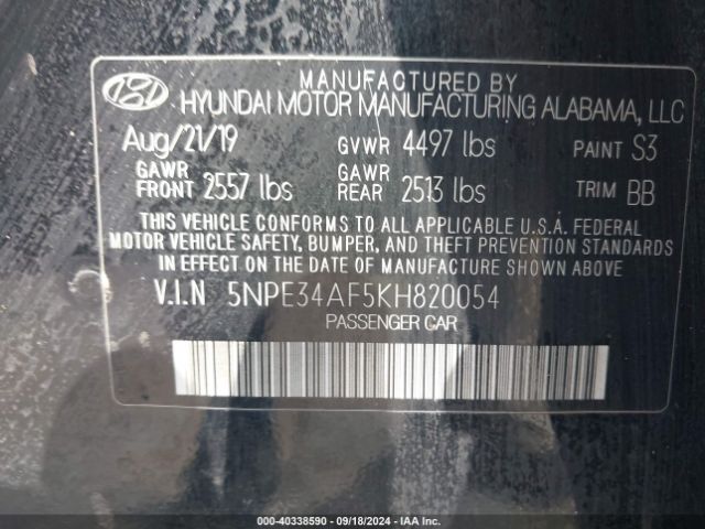 5NPE34AF5KH820054 Hyundai SONATA SEL