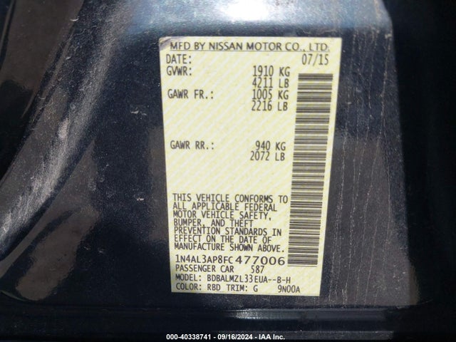 Nissan Altima 2.5 Sv 2015 1N4AL3AP8FC477006 Image 9