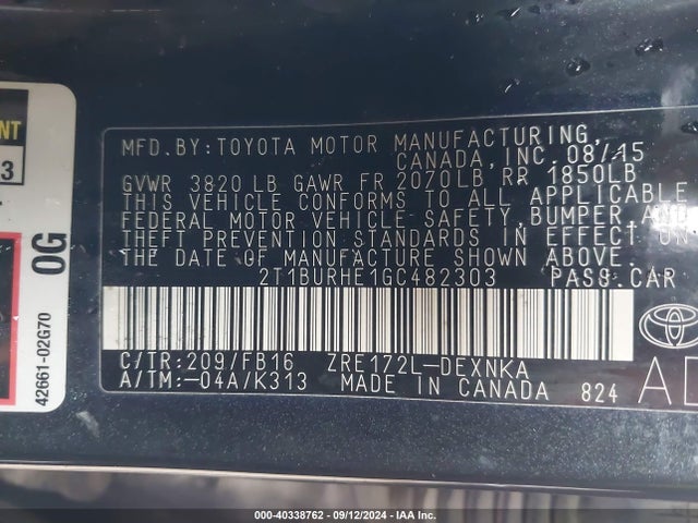 Toyota COROLLA LE 2016 2T1BURHE1GC482303 Image 9