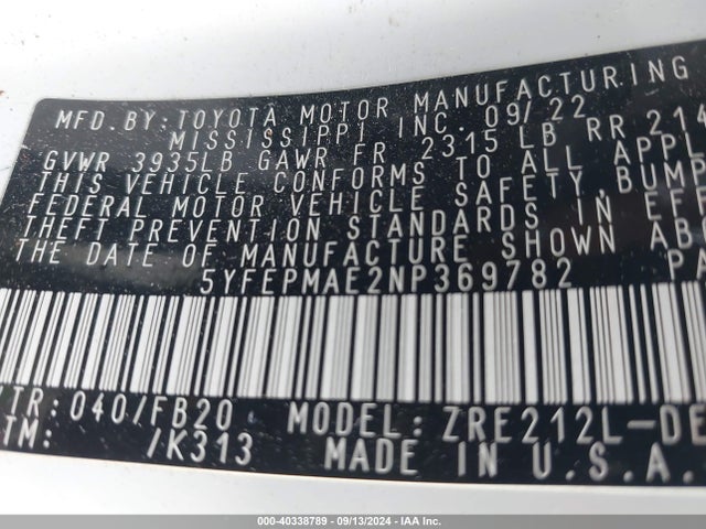 Toyota COROLLA LE 2022 5YFEPMAE2NP369782 Image 9