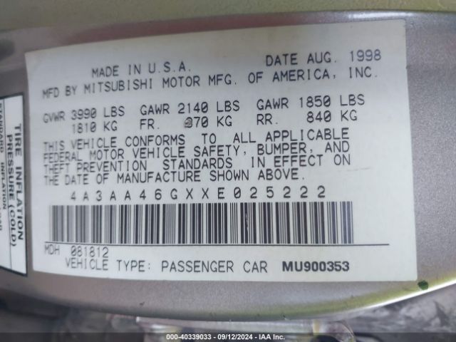 1999 MITSUBISHI GALANT 4A3AA46GXXE025222 Photo 8