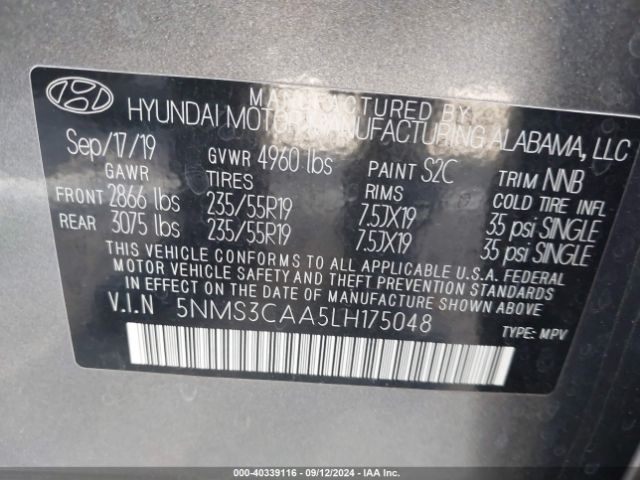 5NMS3CAA5LH175048 Hyundai Santa Fe Sel 2.0t