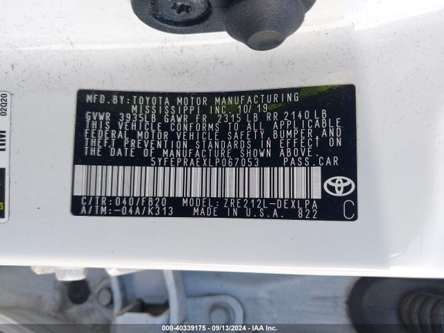Toyota COROLLA LE 2020 5YFEPRAEXLP067053 Image 9