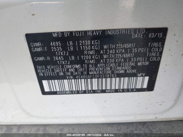 4S4BSAFC0F3318763 Subaru Outback 2.5i Premium