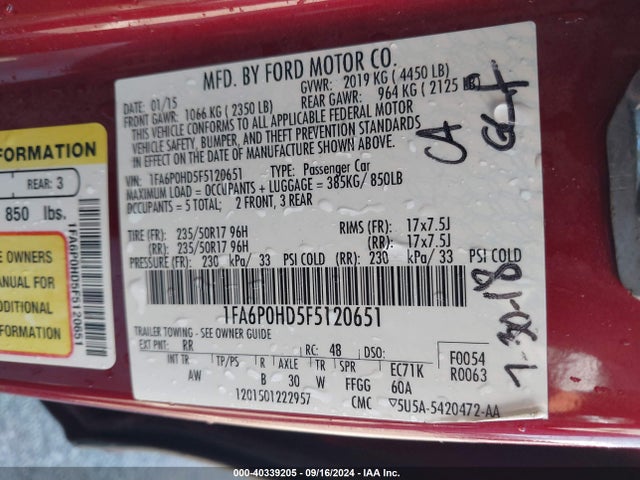 Ford FUSION SE 2015 1FA6P0HD5F5120651 Image 9