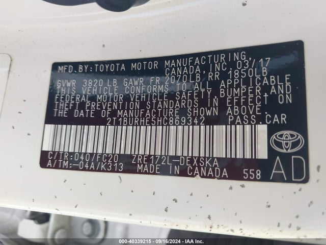Toyota COROLLA SE 2017 2T1BURHE5HC869342 Image 9